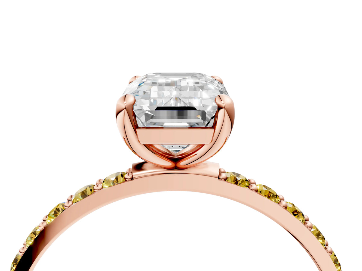 Rose gold Emerald Cut Diamond Solitaire Ring with Round Yellow Sapphire Pavé Band and Prong Setting_4