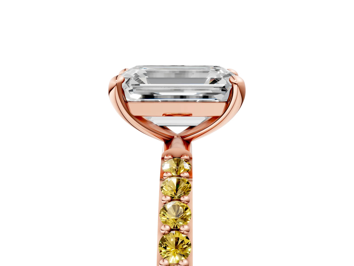 Rose gold Emerald Cut Diamond Solitaire Ring with Round Yellow Sapphire Pavé Band and Prong Setting_5