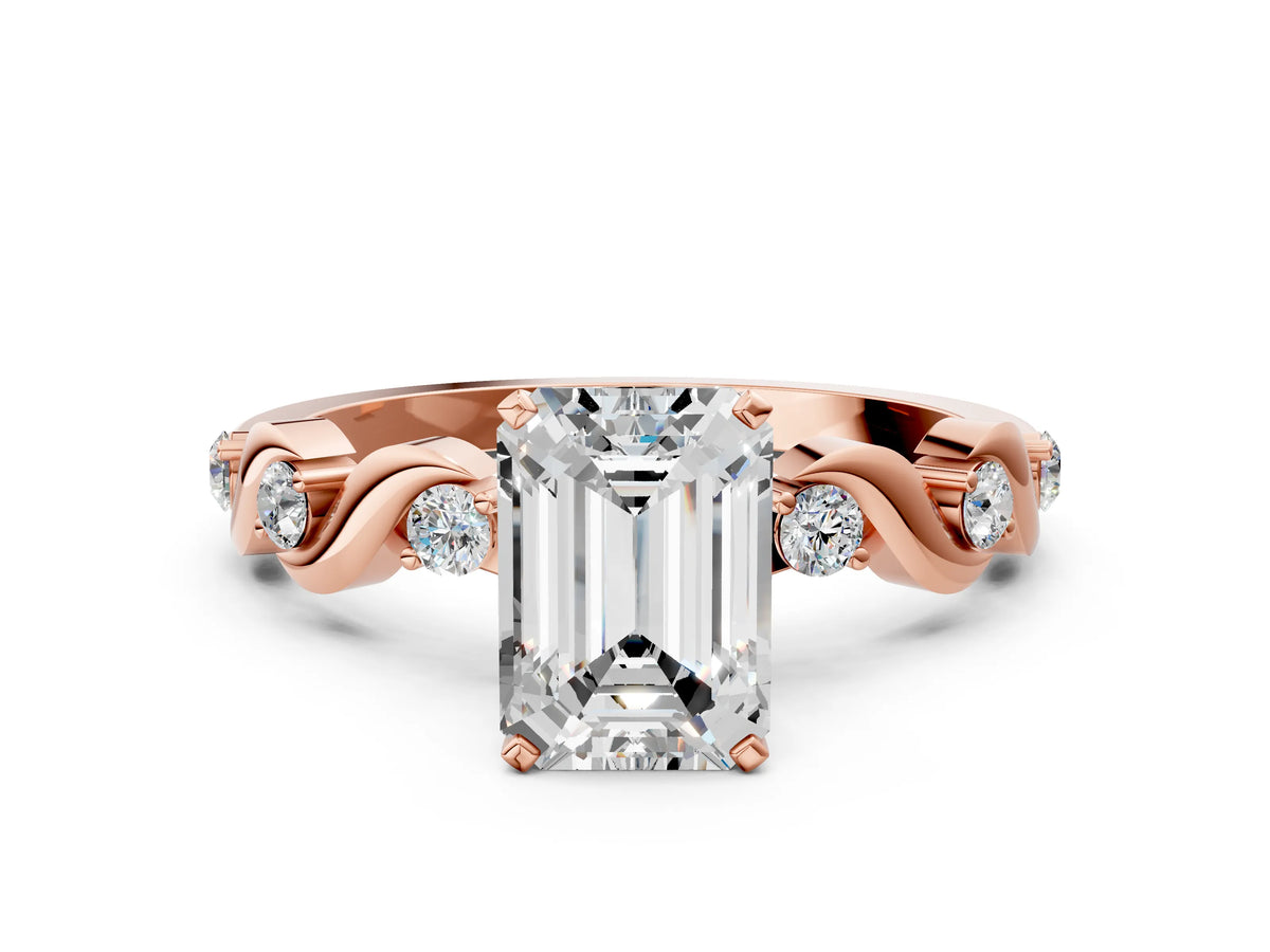 Rose gold Emerald Cut Diamond Solitaire Twisted Band with Round Accents and Prong Setting