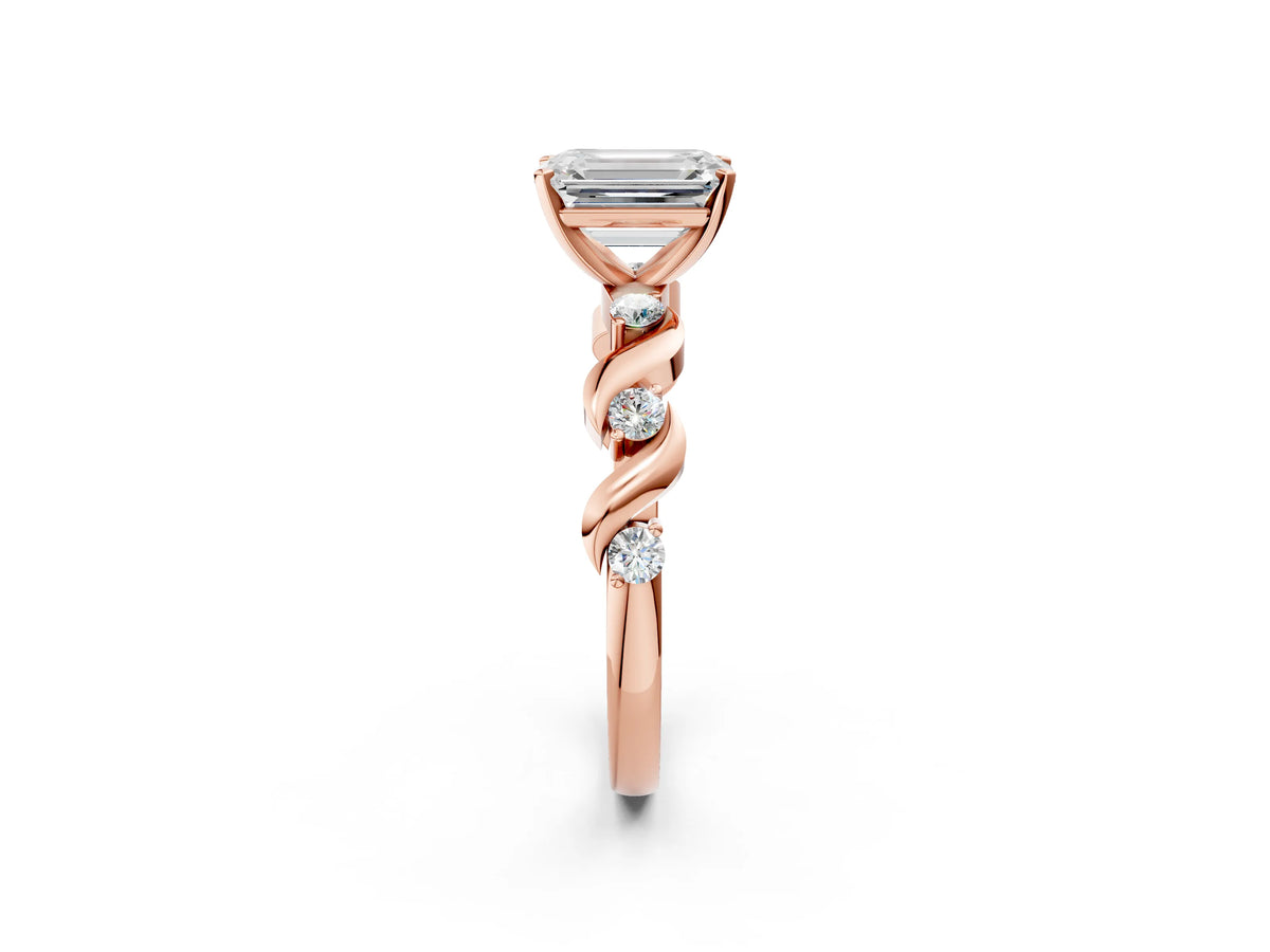 Rose gold Emerald Cut Diamond Solitaire Twisted Band with Round Accents and Prong Setting_2
