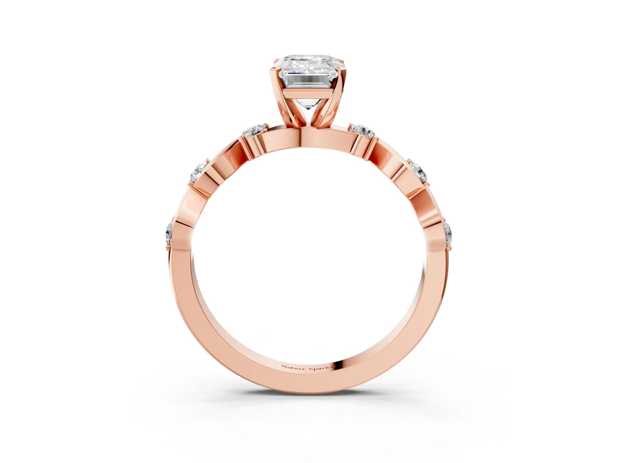 Rose gold Emerald Cut Diamond Solitaire Twisted Band with Round Accents and Prong Setting_3