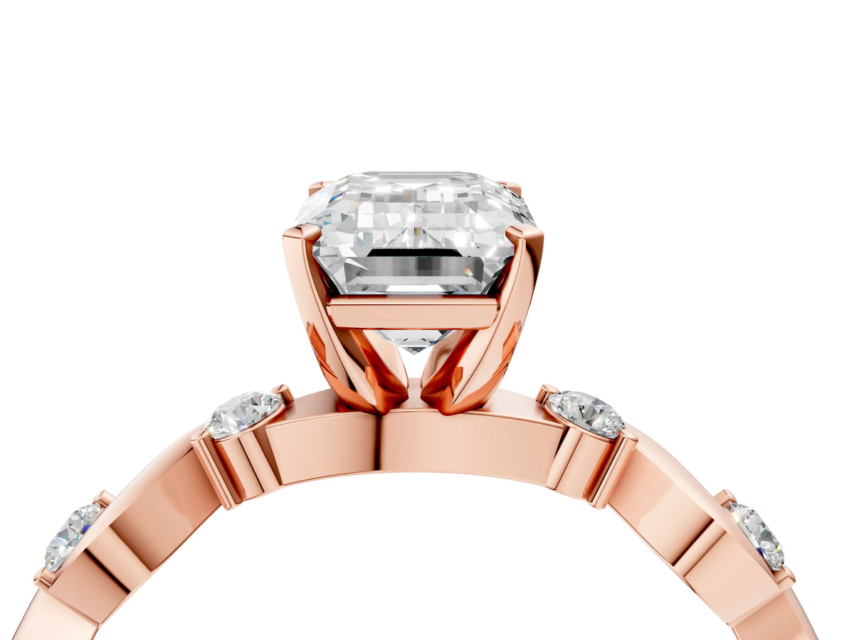 Rose gold Emerald Cut Diamond Solitaire Twisted Band with Round Accents and Prong Setting_4