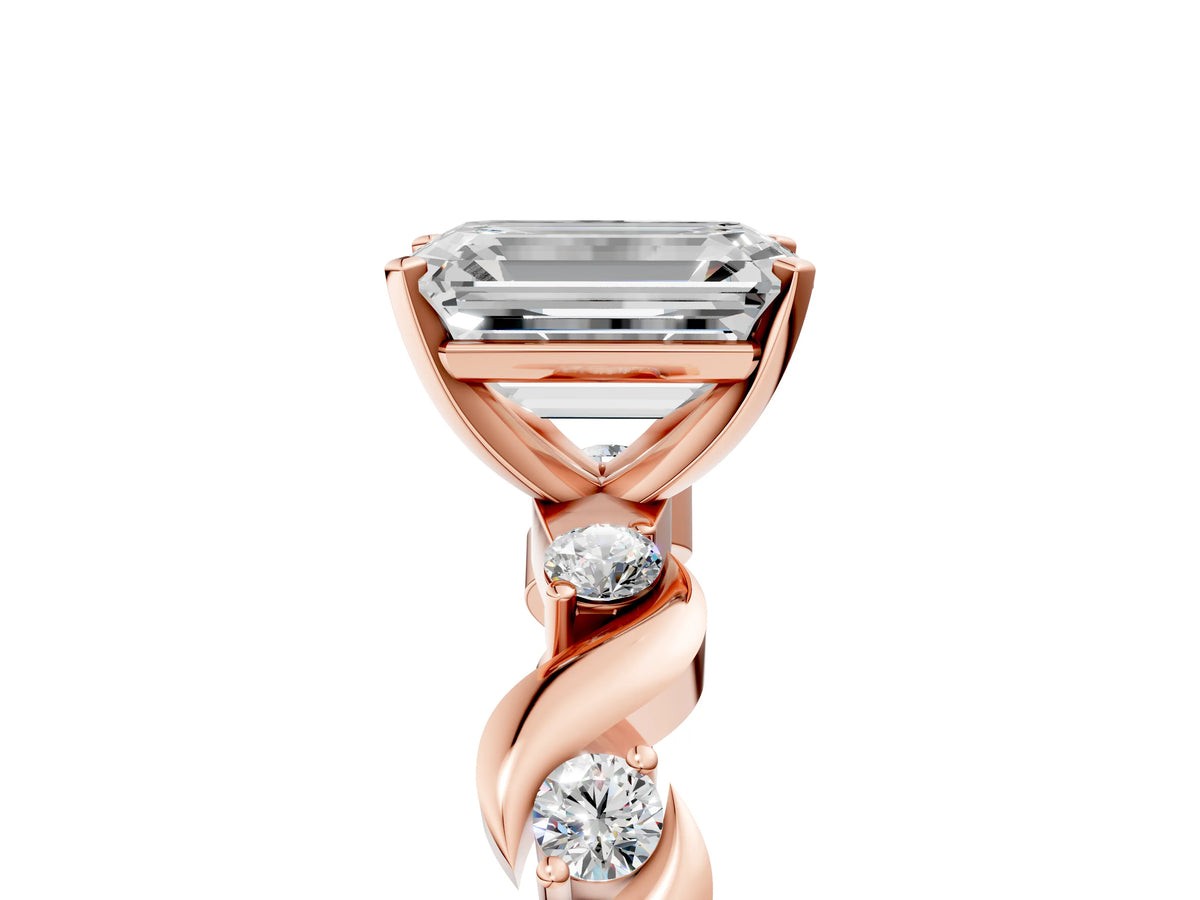 Rose gold Emerald Cut Diamond Solitaire Twisted Band with Round Accents and Prong Setting_5