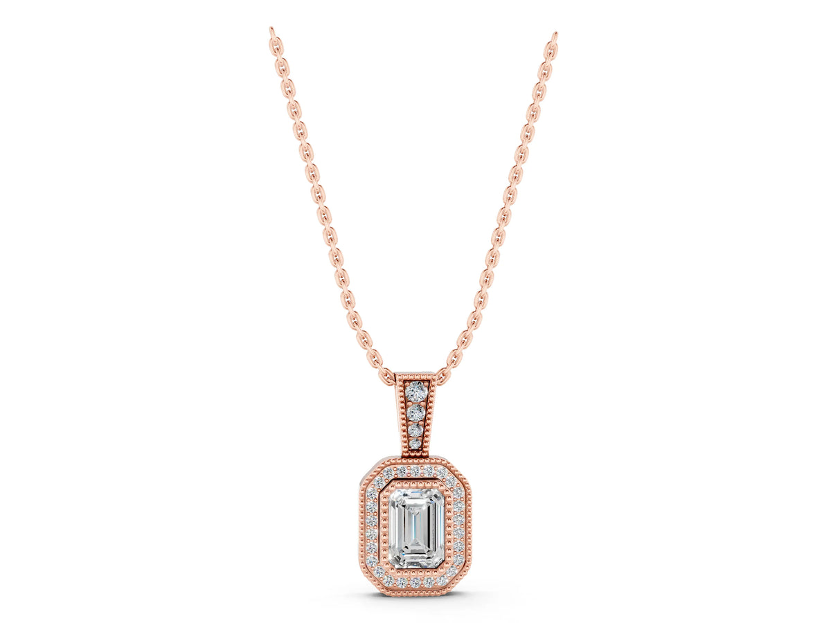 Rose gold Emerald Cut Halo Diamond Pendant with Pavé Setting_1