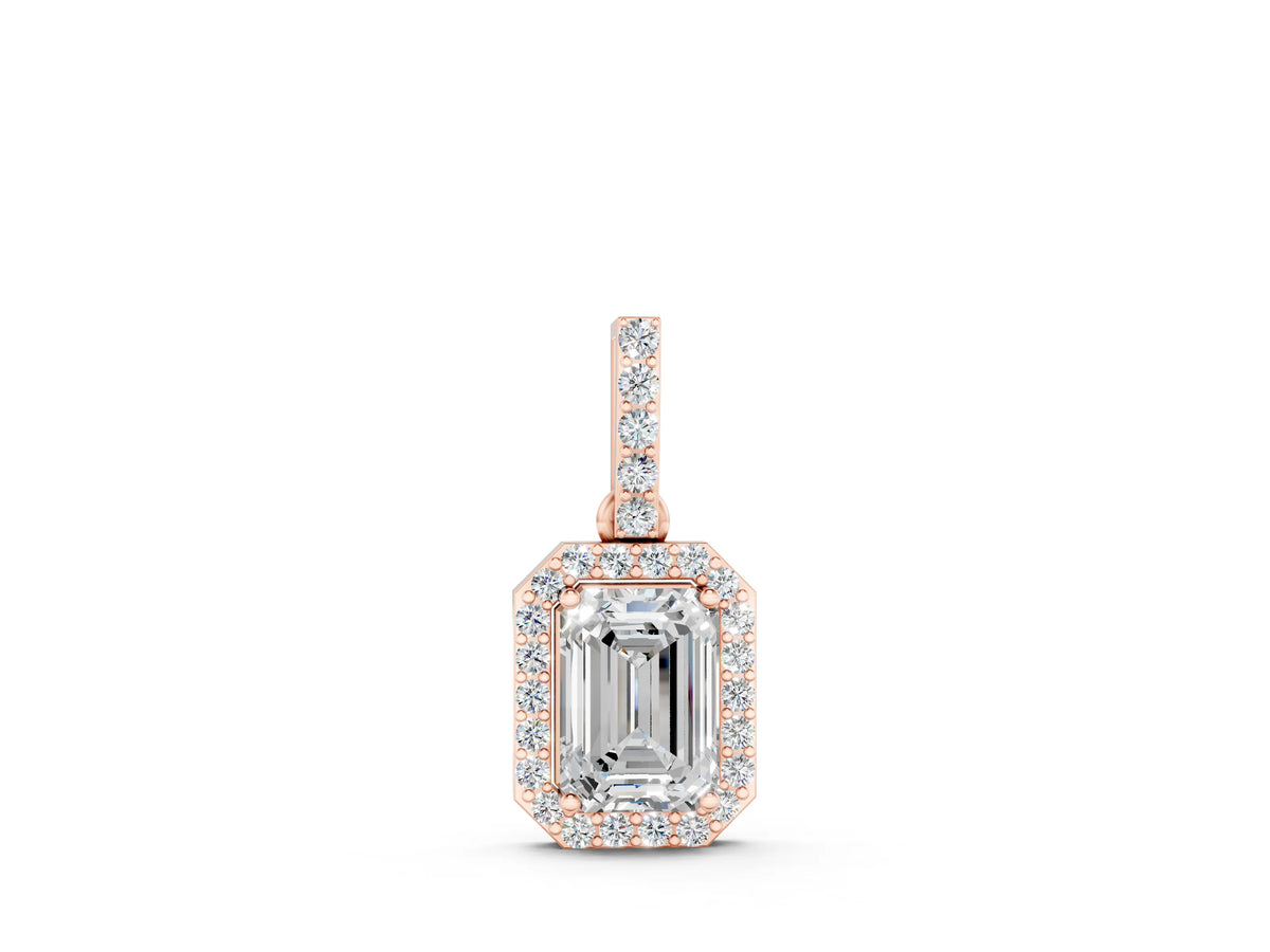 Rose gold Emerald Cut Halo Diamond Pendant with Prong Setting