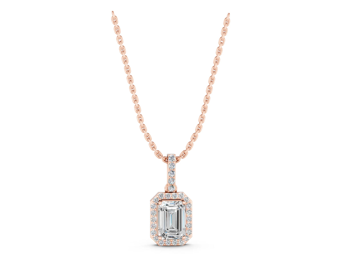 Rose gold Emerald Cut Halo Diamond Pendant with Prong Setting_1
