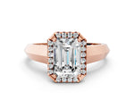 Rose gold Emerald Cut Halo Diamond Ring with Cathedral Band and Four-Prong Setting