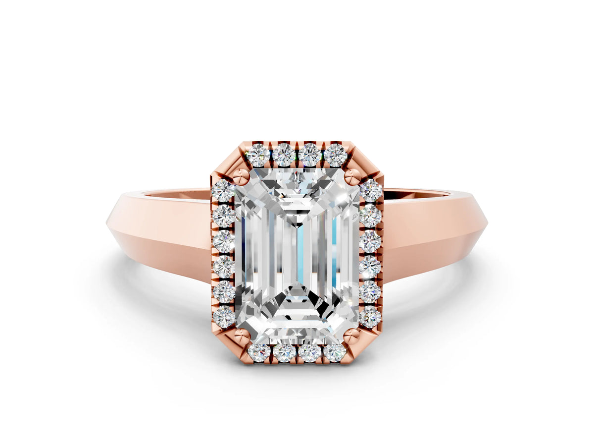 Rose gold Emerald Cut Halo Diamond Ring with Cathedral Band and Four-Prong Setting