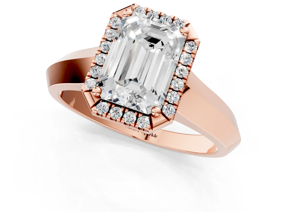 Rose gold Emerald Cut Halo Diamond Ring with Cathedral Band and Four-Prong Setting_1