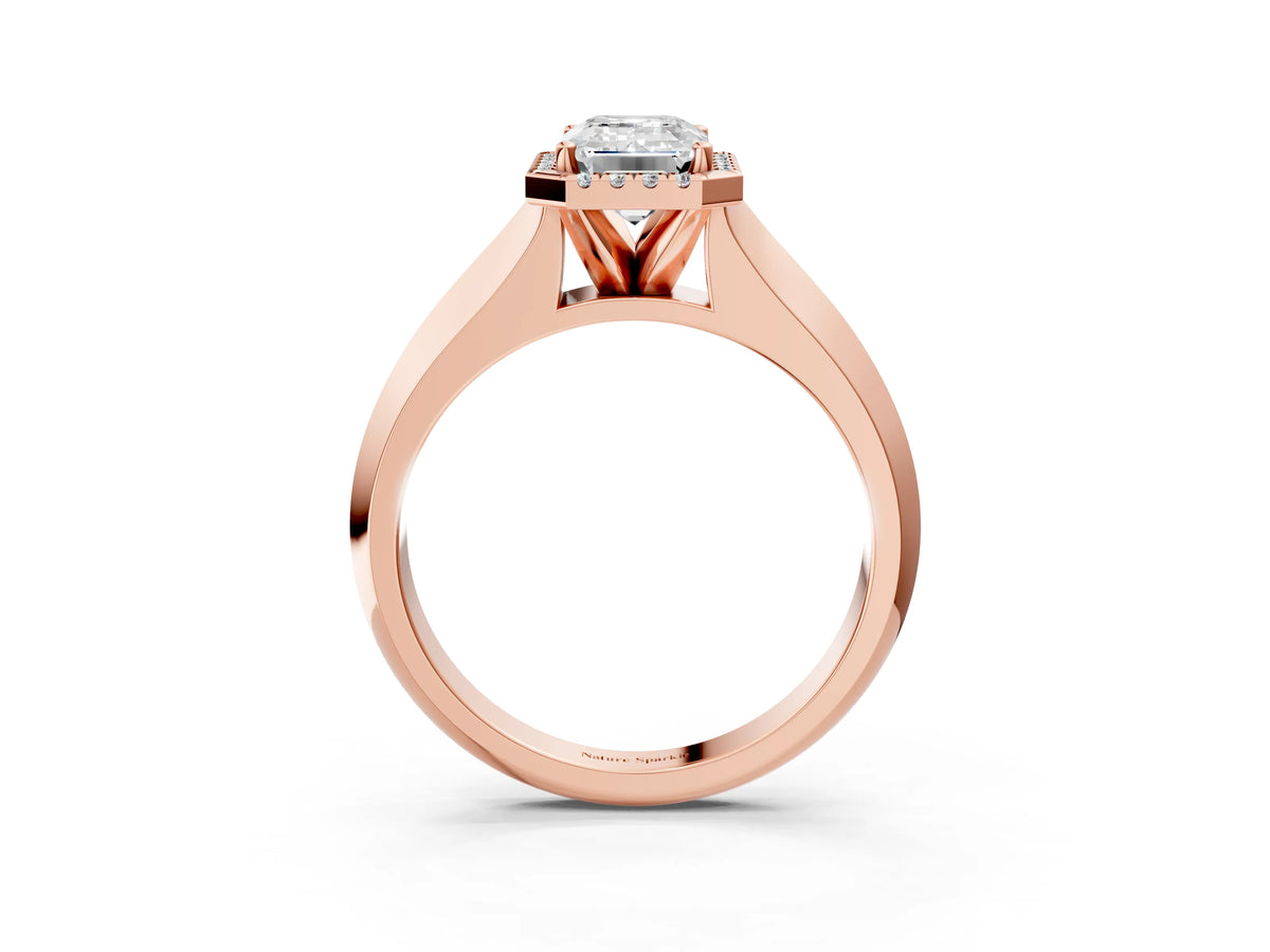 Rose gold Emerald Cut Halo Diamond Ring with Cathedral Band and Four-Prong Setting_3