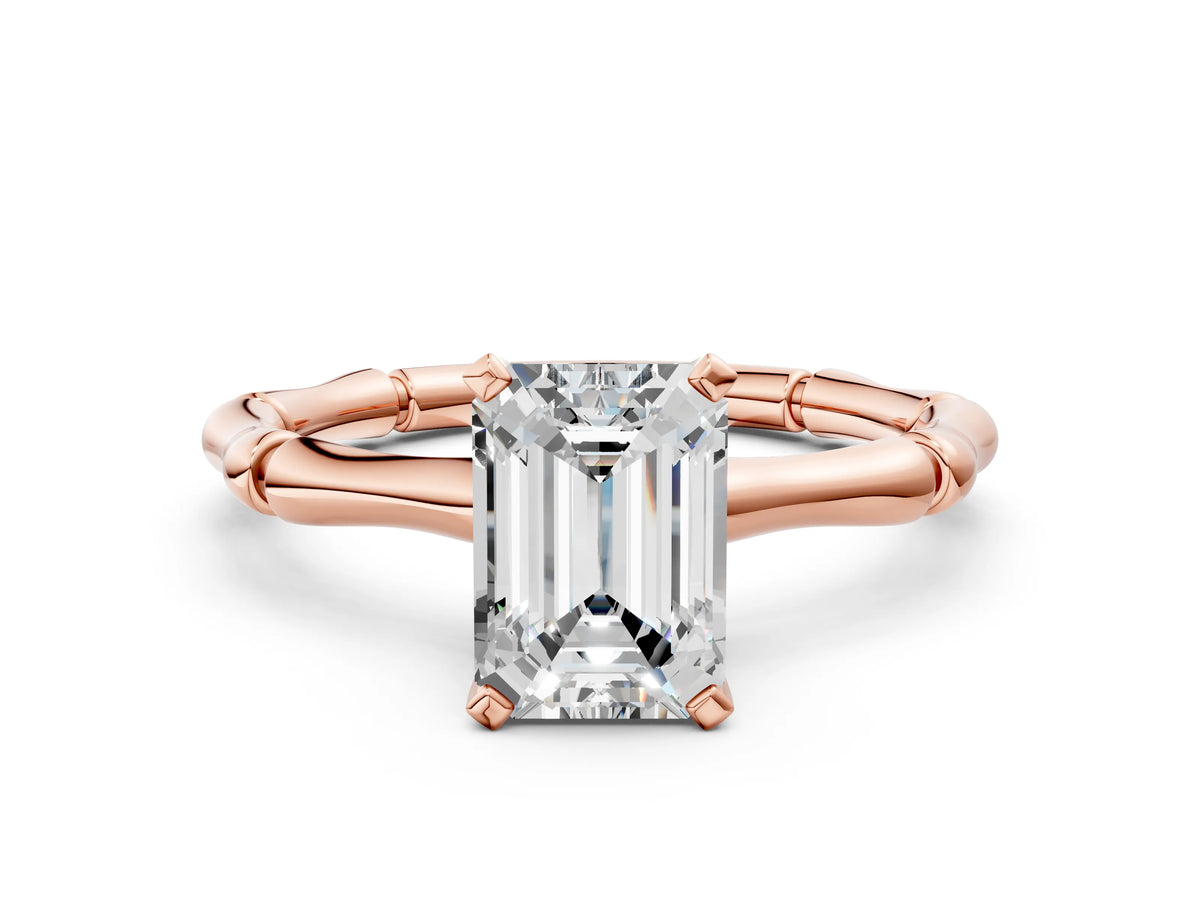 Rose gold Emerald Cut Solitaire Diamond Ring with Bamboo Band and Four-Prong Setting