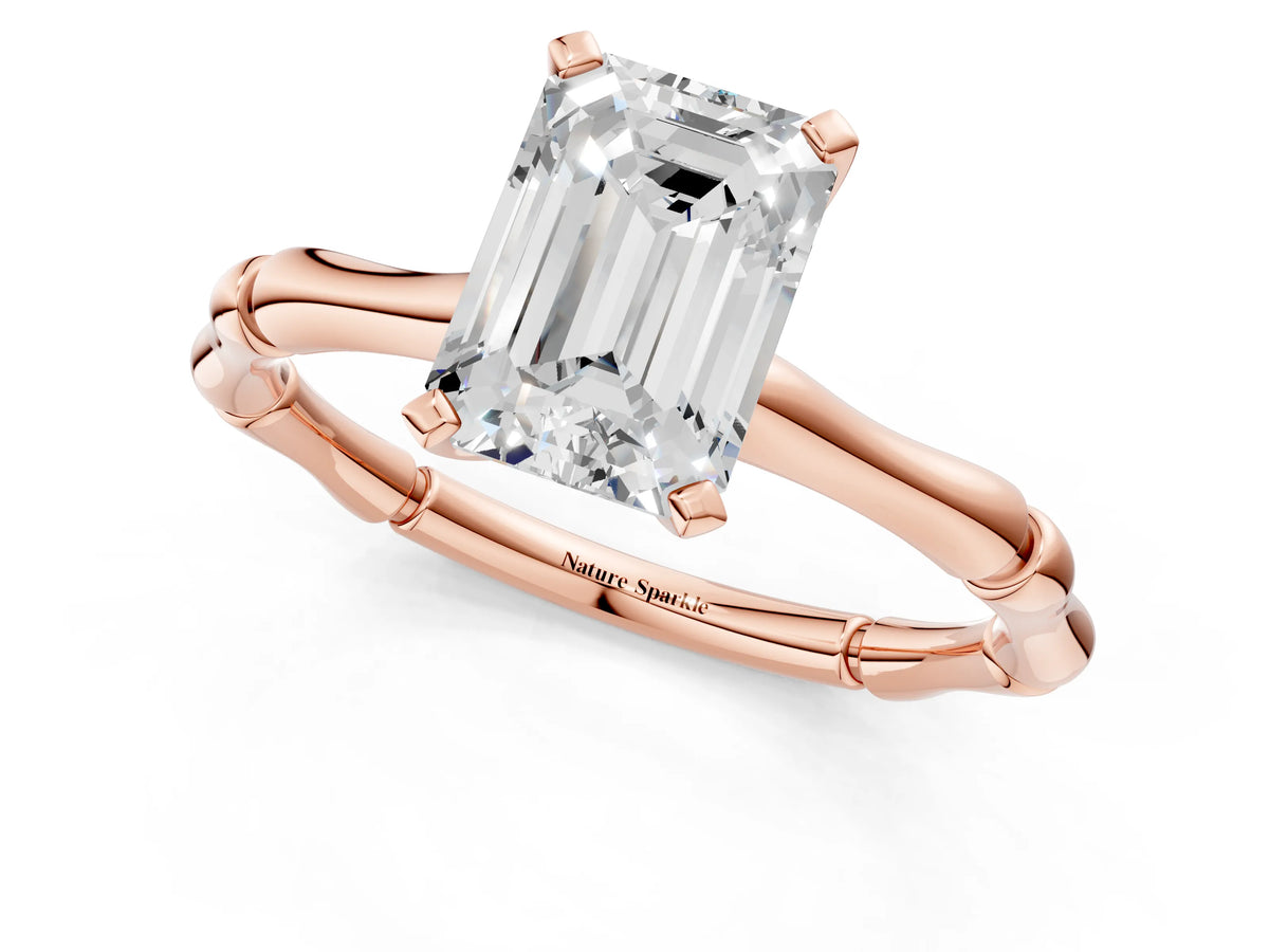 Rose gold Emerald Cut Solitaire Diamond Ring with Bamboo Band and Four-Prong Setting_1