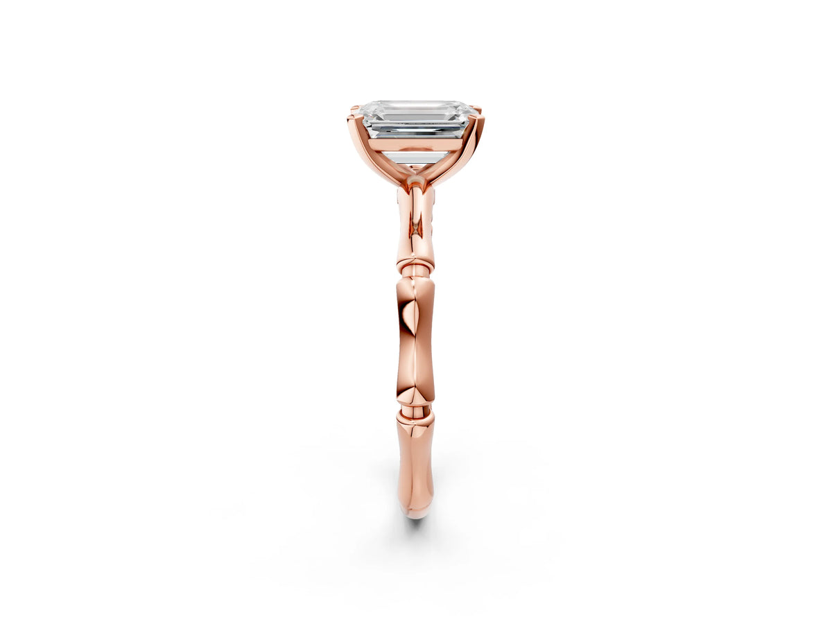 Rose gold Emerald Cut Solitaire Diamond Ring with Bamboo Band and Four-Prong Setting_2