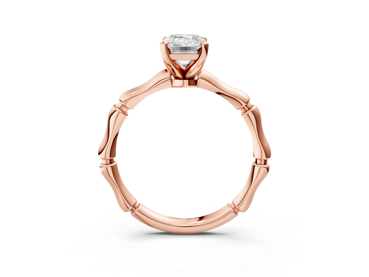 Rose gold Emerald Cut Solitaire Diamond Ring with Bamboo Band and Four-Prong Setting_3