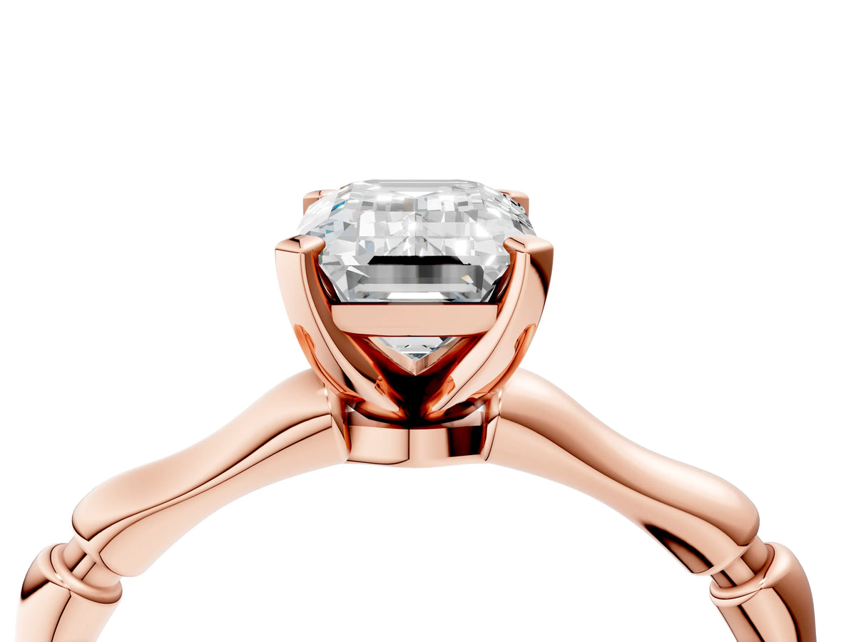 Rose gold Emerald Cut Solitaire Diamond Ring with Bamboo Band and Four-Prong Setting_4