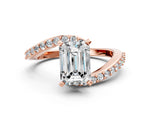 Rose gold Emerald Cut Solitaire Twist Band with Pave Set Diamonds and Four-Prong Setting