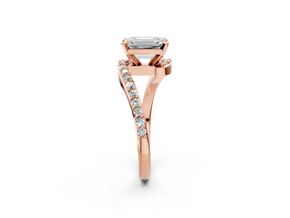 Rose gold Emerald Cut Solitaire Twist Band with Pave Set Diamonds and Four-Prong Setting_2