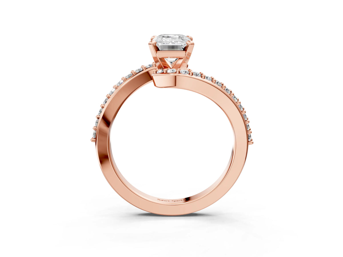 Rose gold Emerald Cut Solitaire Twist Band with Pave Set Diamonds and Four-Prong Setting_3