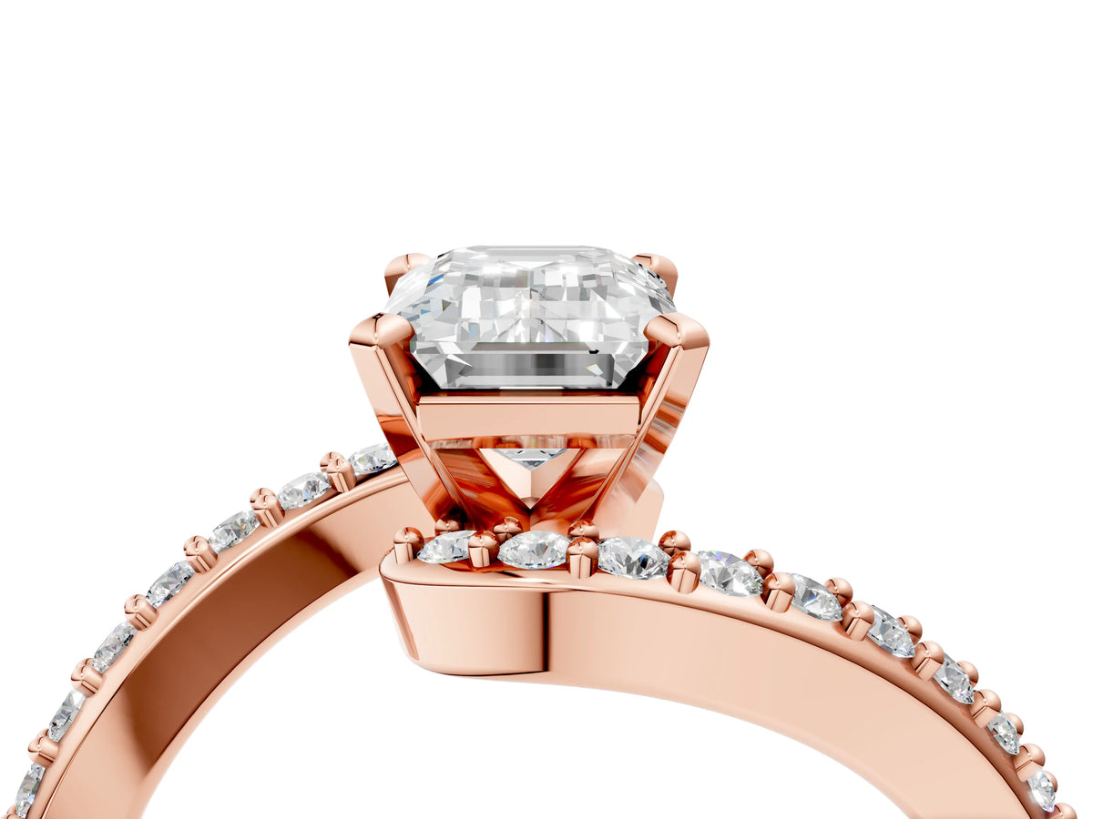 Rose gold Emerald Cut Solitaire Twist Band with Pave Set Diamonds and Four-Prong Setting_4