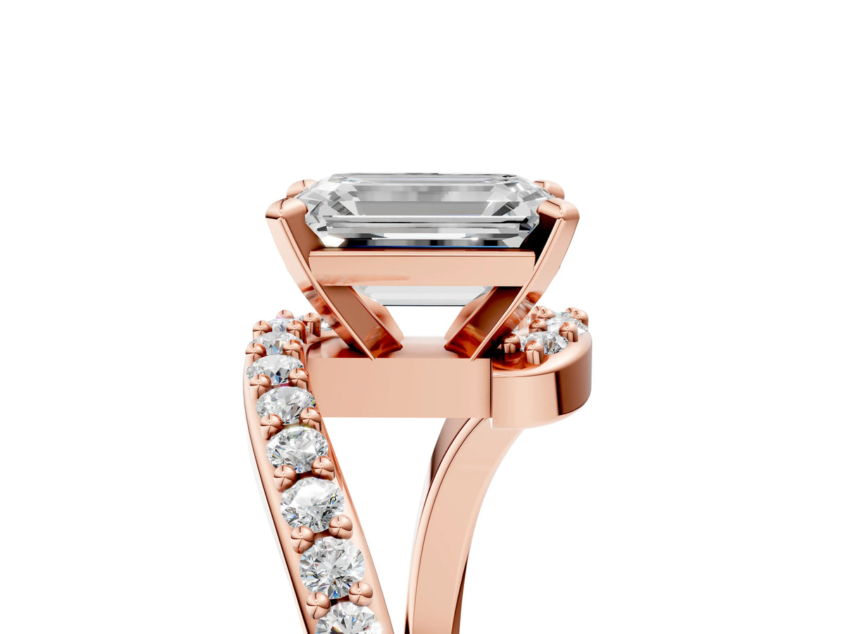 Rose gold Emerald Cut Solitaire Twist Band with Pave Set Diamonds and Four-Prong Setting_5