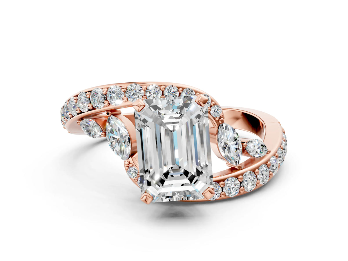 Rose gold Emerald Cut Solitaire with Pavé Twist Band and Four-Prong Setting