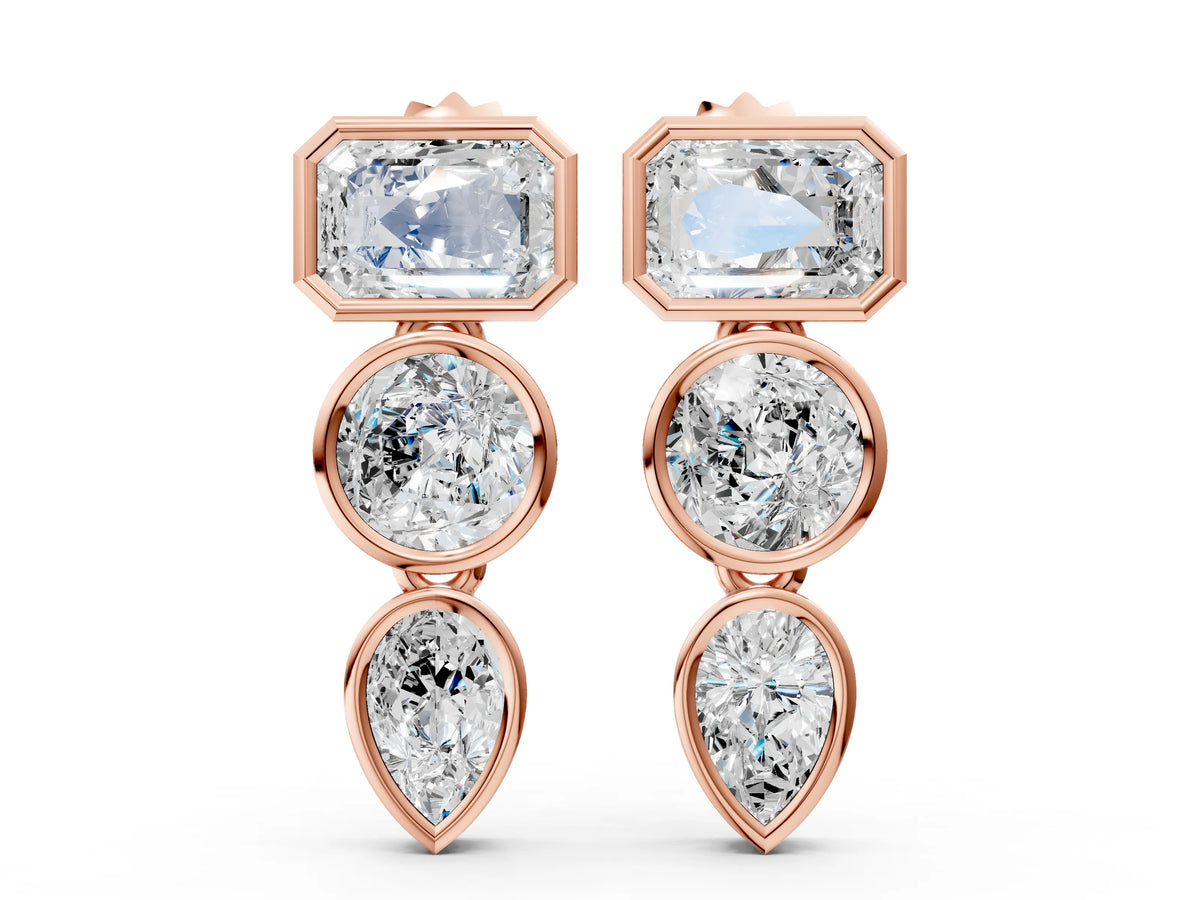 Rose gold Emerald, Round and Pear Diamond Bezel Drop Earrings