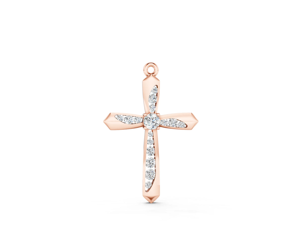 Rose gold Gold Cross Pendant with Round Cut Stones and Prong Setting