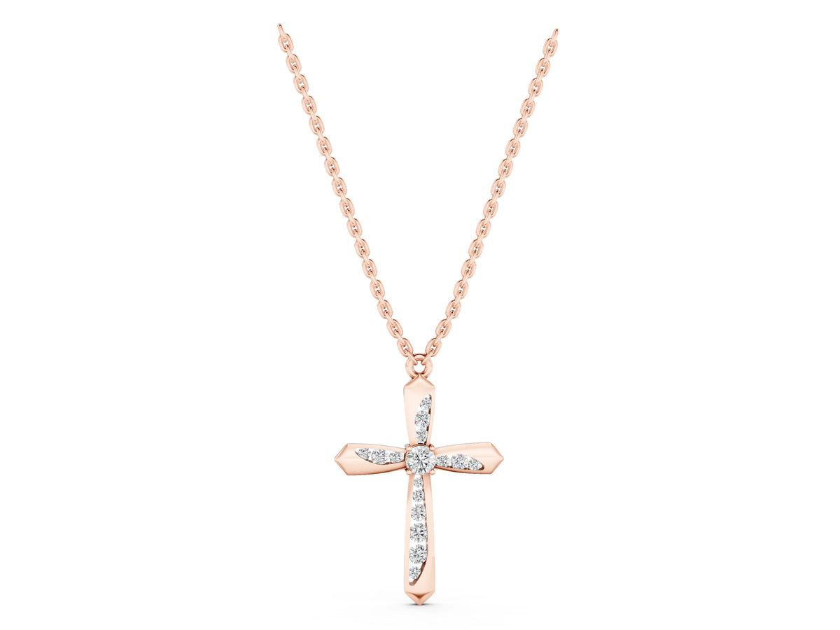 Rose gold Gold Cross Pendant with Round Cut Stones and Prong Setting_1