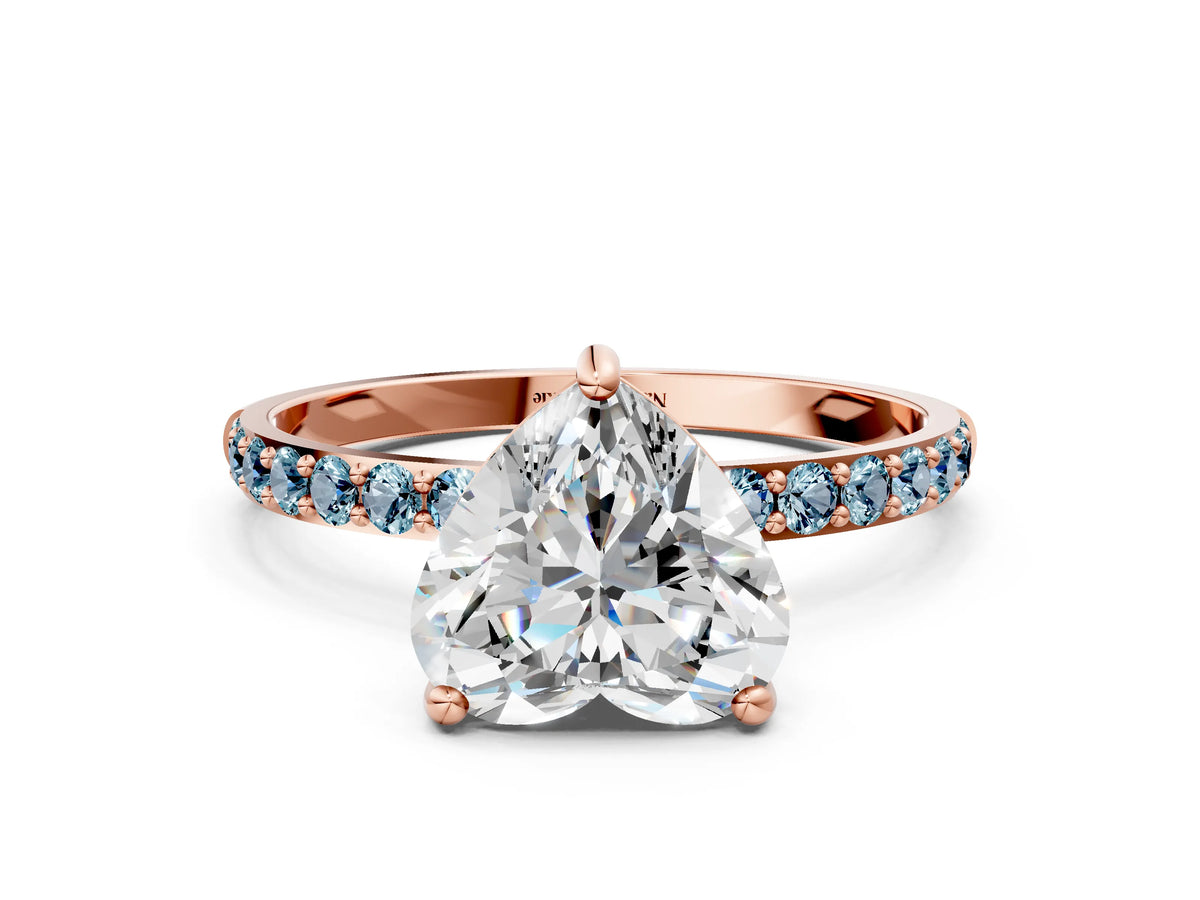 Rose gold Heart Cut Diamond Solitaire Ring with Round Aquamarine Pavé Band and Prong Setting