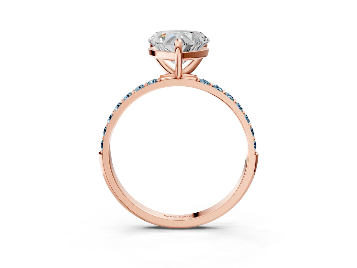 Rose gold Heart Cut Diamond Solitaire Ring with Round Aquamarine Pavé Band and Prong Setting_3