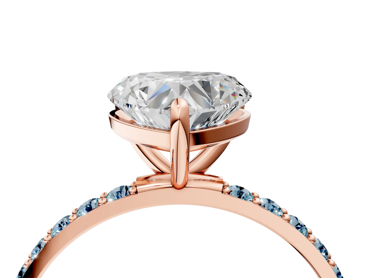 Rose gold Heart Cut Diamond Solitaire Ring with Round Aquamarine Pavé Band and Prong Setting_4