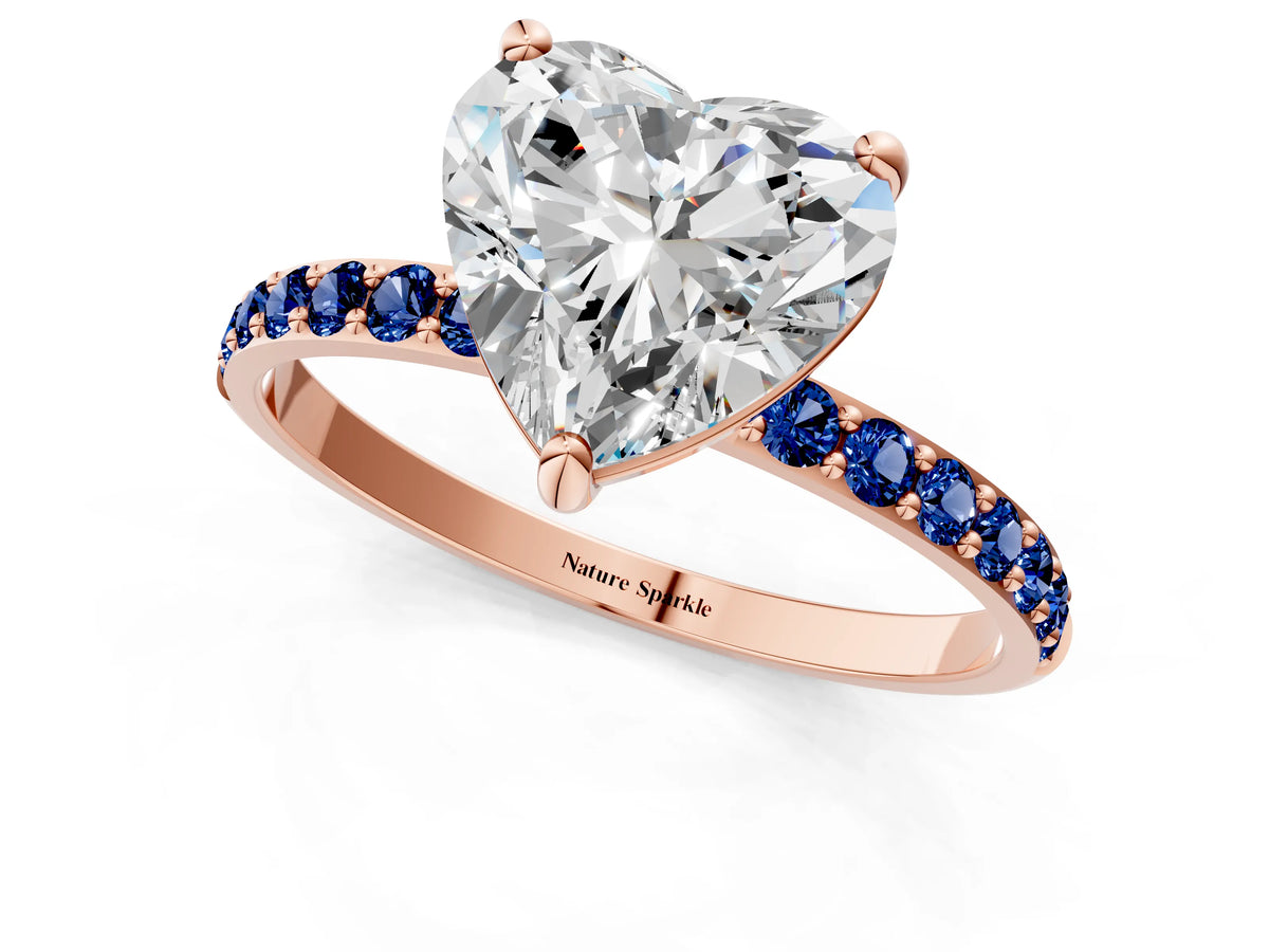 Rose gold Heart Cut Diamond Solitaire Ring with Round Blue Sapphire Pavé Band and Prong Setting_1