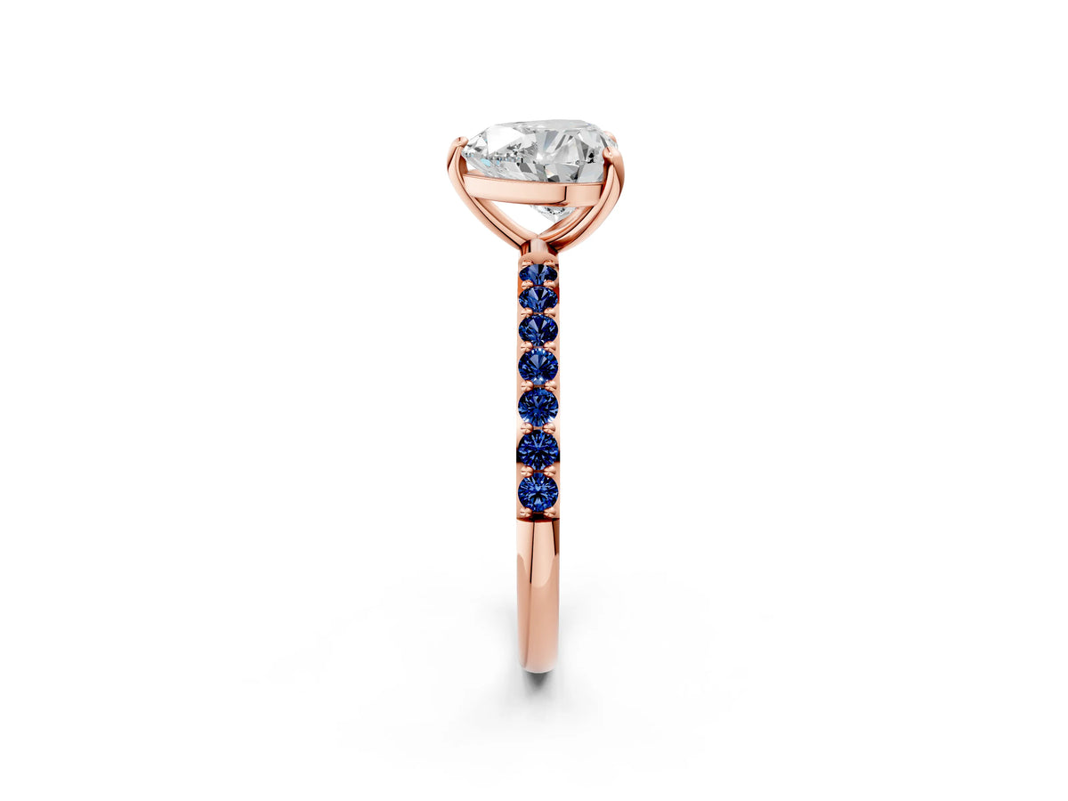Rose gold Heart Cut Diamond Solitaire Ring with Round Blue Sapphire Pavé Band and Prong Setting_2
