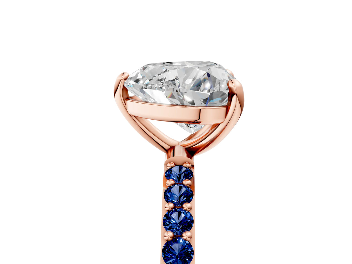 Rose gold Heart Cut Diamond Solitaire Ring with Round Blue Sapphire Pavé Band and Prong Setting_5
