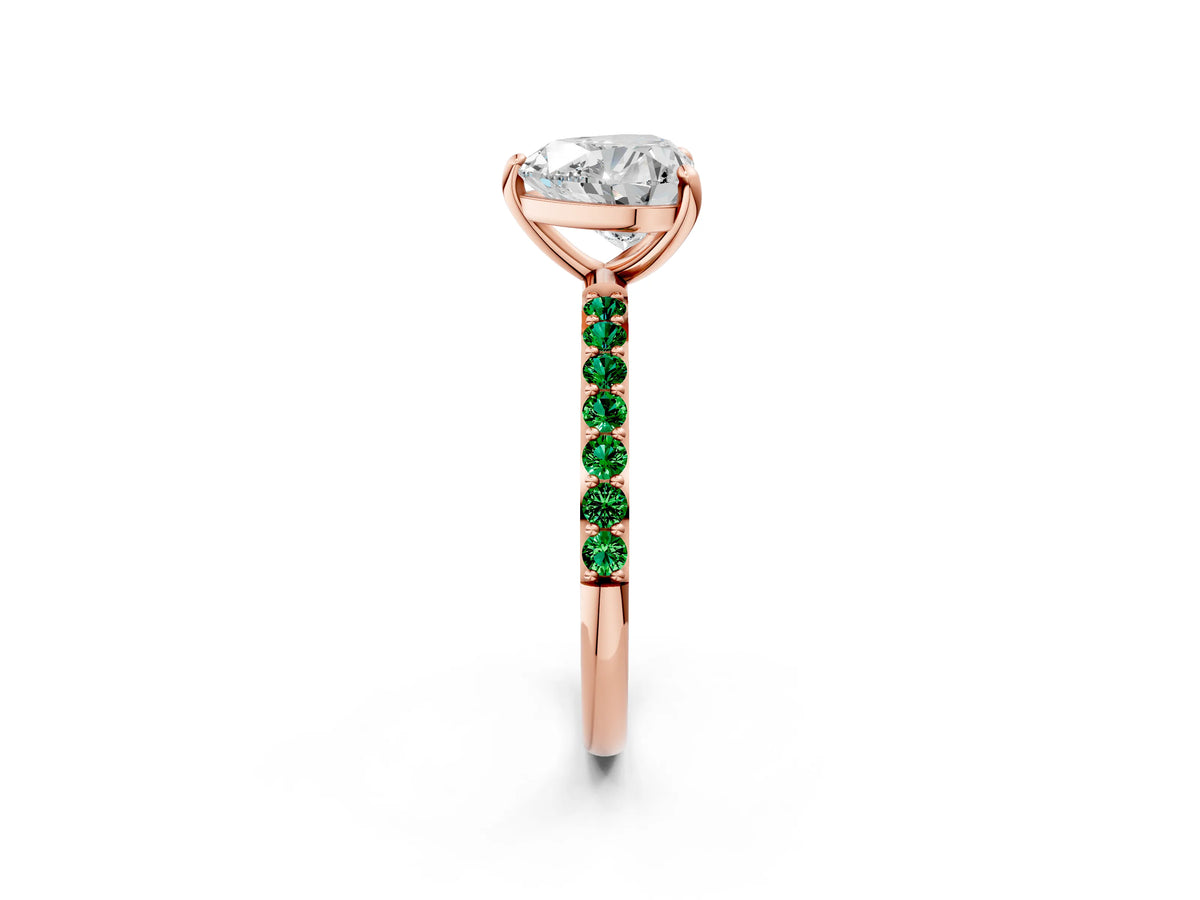 Rose gold Heart Cut Diamond Solitaire Ring with Round Emerald Pavé Band and Prong Setting_2