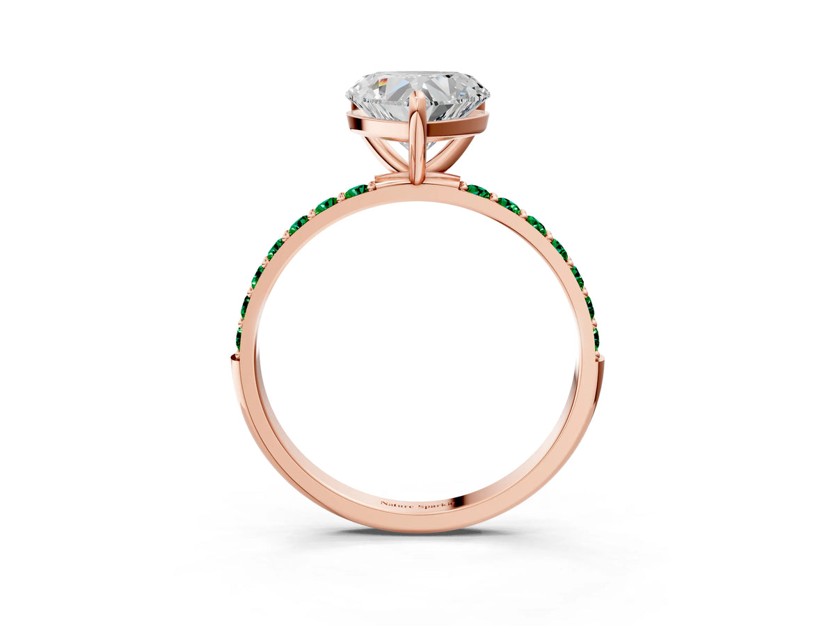 Rose gold Heart Cut Diamond Solitaire Ring with Round Emerald Pavé Band and Prong Setting_3