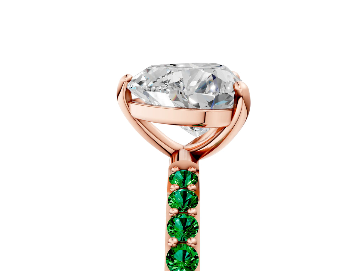 Rose gold Heart Cut Diamond Solitaire Ring with Round Emerald Pavé Band and Prong Setting_5