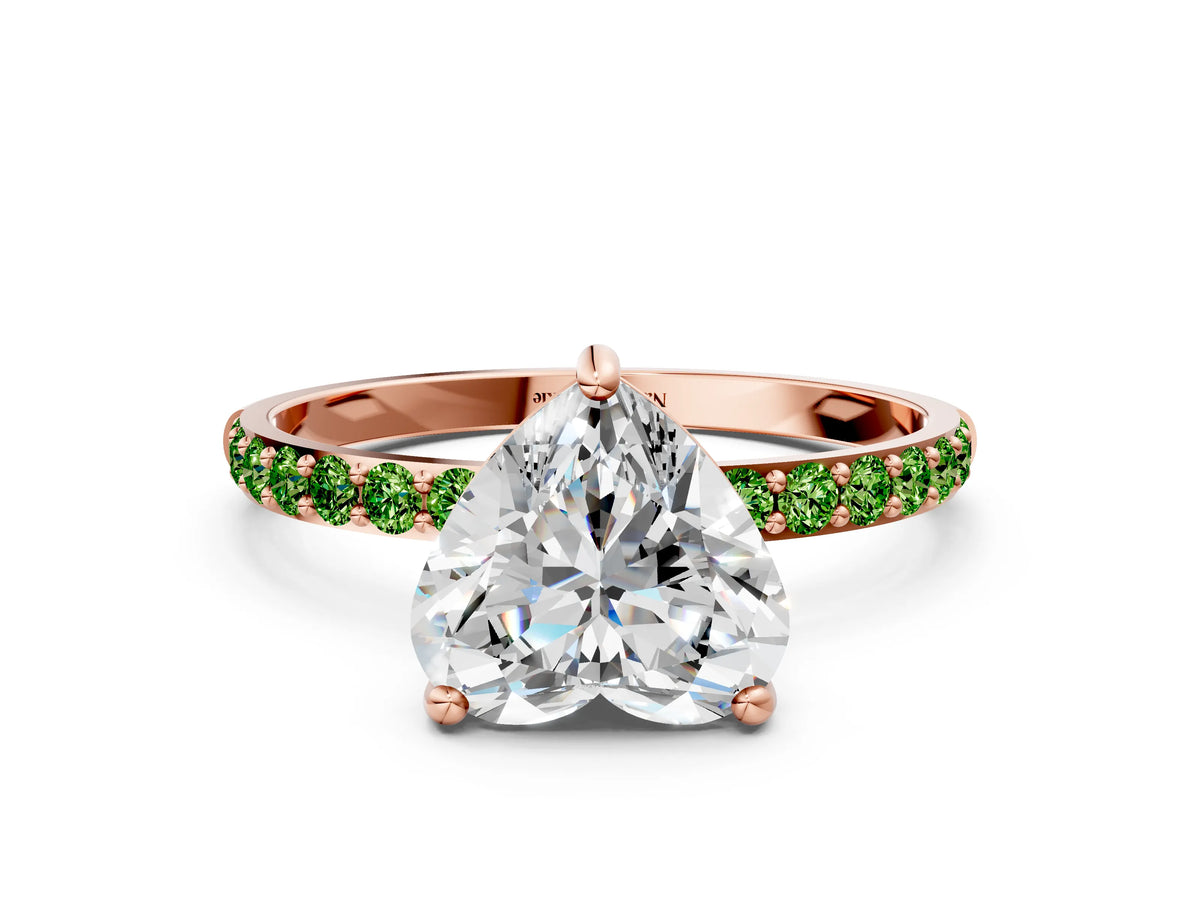Rose gold Heart Cut Diamond Solitaire Ring with Round Peridot Pavé Band and Prong Setting