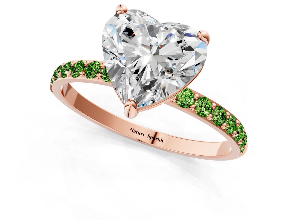 Rose gold Heart Cut Diamond Solitaire Ring with Round Peridot Pavé Band and Prong Setting_1