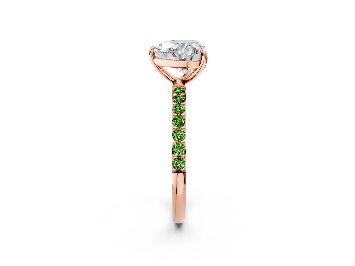Rose gold Heart Cut Diamond Solitaire Ring with Round Peridot Pavé Band and Prong Setting_2