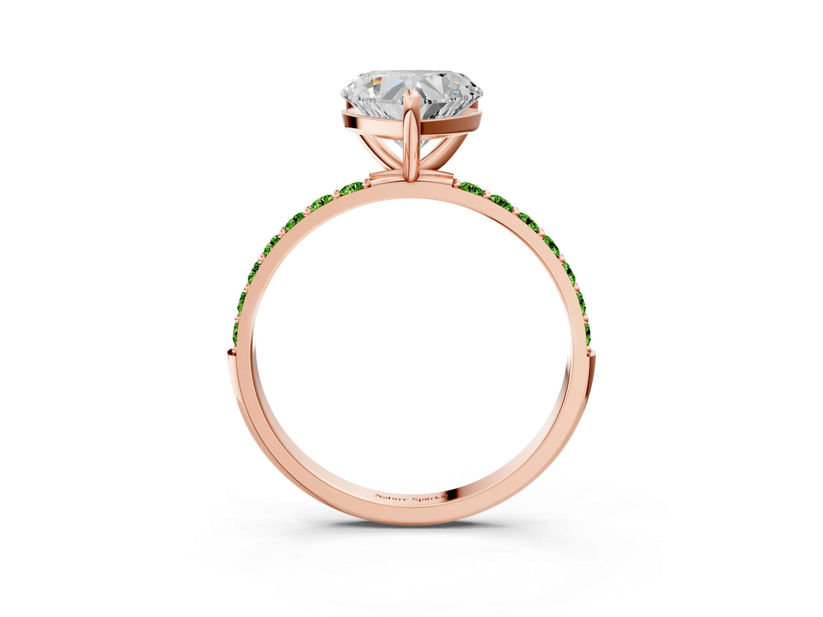 Rose gold Heart Cut Diamond Solitaire Ring with Round Peridot Pavé Band and Prong Setting_3