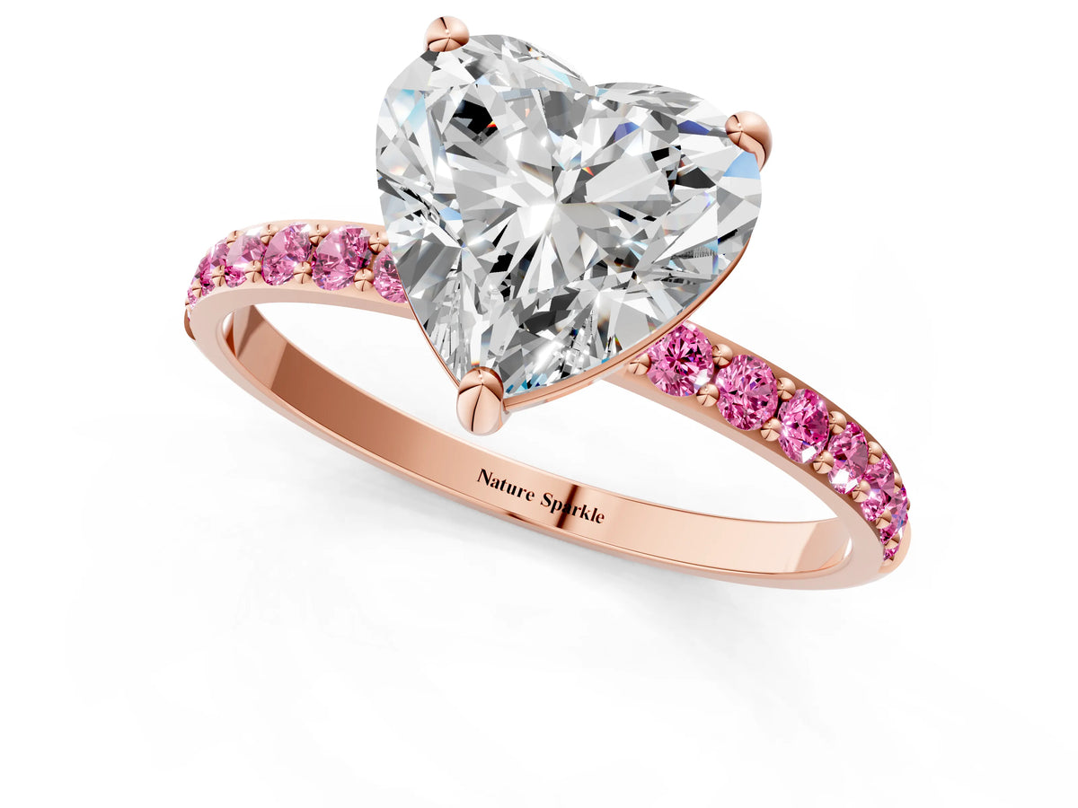Rose gold Heart Cut Diamond Solitaire Ring with Round Pink Sapphire Pavé Band and Prong Setting_1