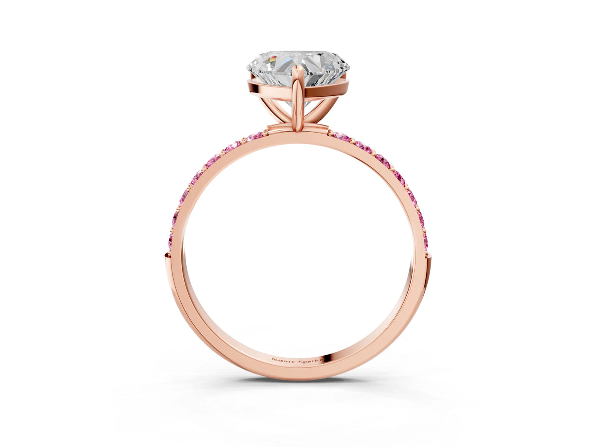 Rose gold Heart Cut Diamond Solitaire Ring with Round Pink Sapphire Pavé Band and Prong Setting_3