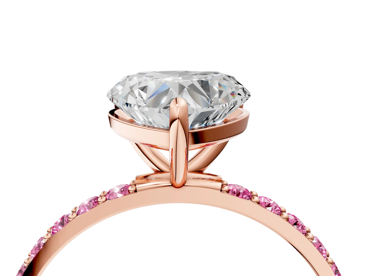 Rose gold Heart Cut Diamond Solitaire Ring with Round Pink Sapphire Pavé Band and Prong Setting_4