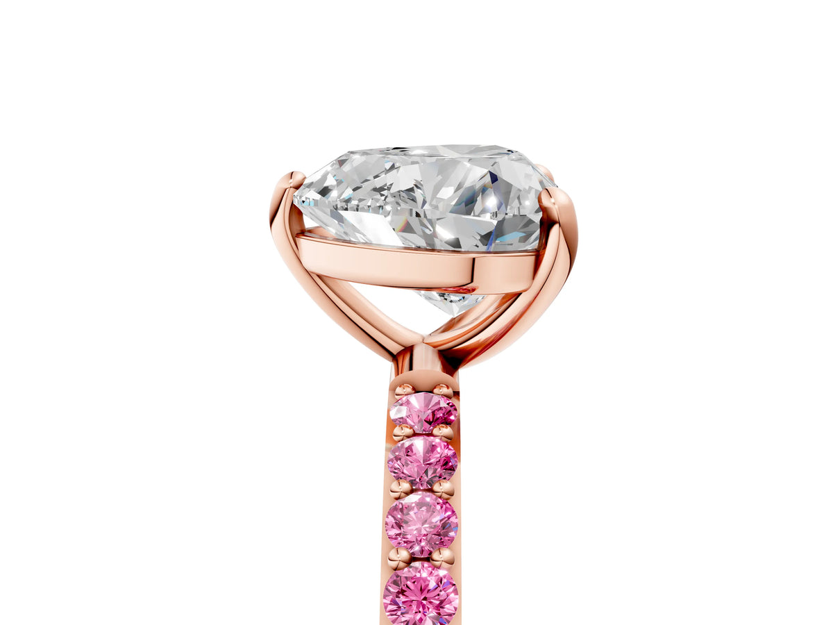 Rose gold Heart Cut Diamond Solitaire Ring with Round Pink Sapphire Pavé Band and Prong Setting_5