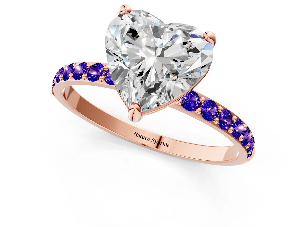 Rose gold Heart Cut Diamond Solitaire Ring with Round Tanzanite Pavé Band and Prong Setting_1