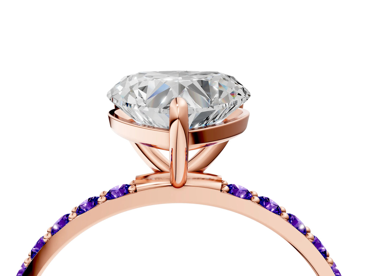 Rose gold Heart Cut Diamond Solitaire Ring with Round Tanzanite Pavé Band and Prong Setting_4