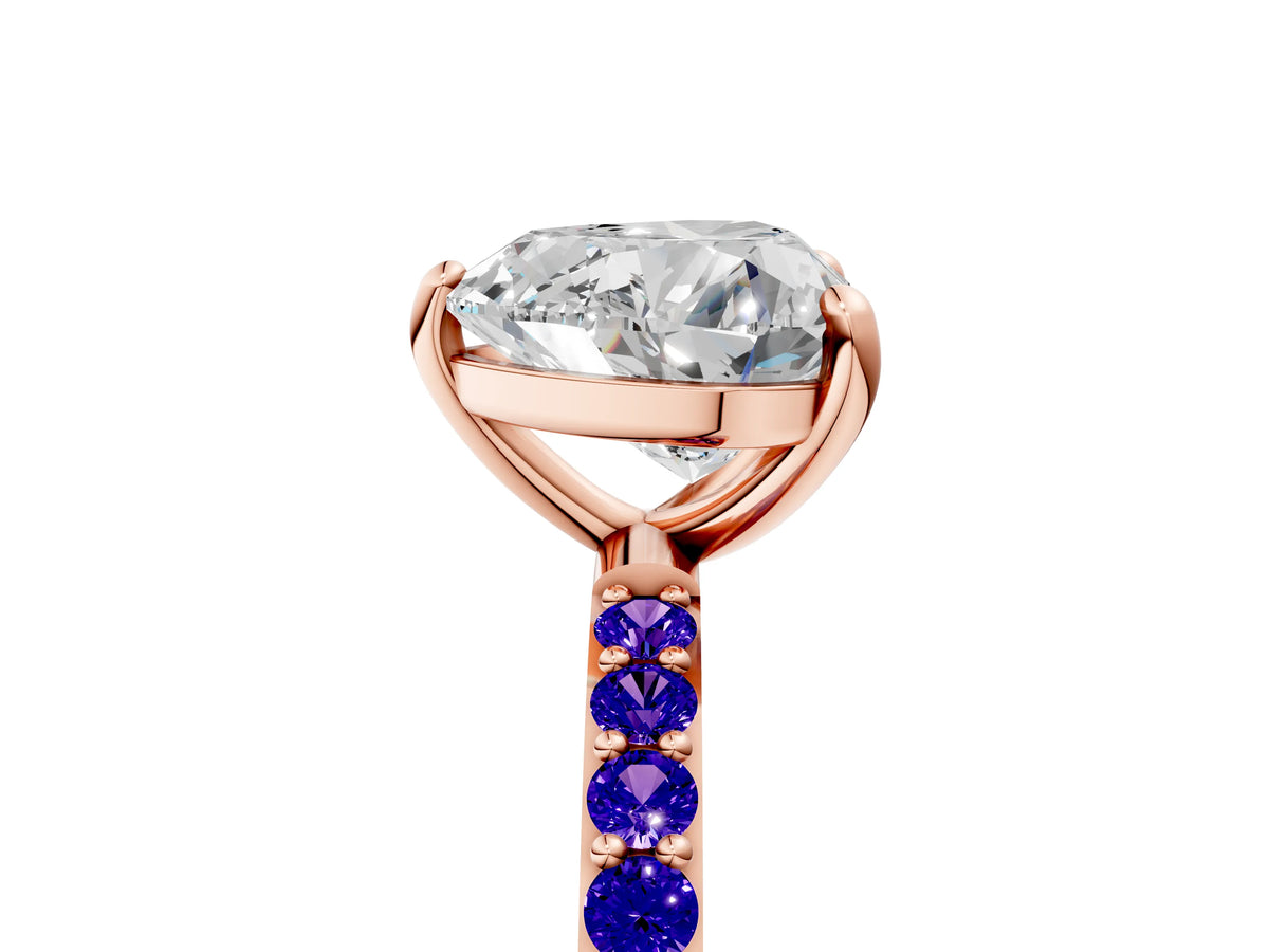 Rose gold Heart Cut Diamond Solitaire Ring with Round Tanzanite Pavé Band and Prong Setting_5