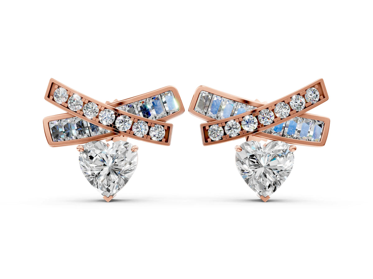 Rose gold Heart Diamond X Stud Earrings with Baguette and Round Accents