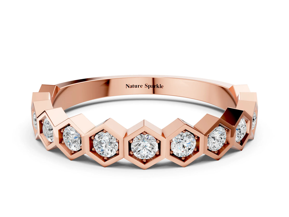 Rose gold Hexagon Pave Diamond Eternity Band with Bezel Setting